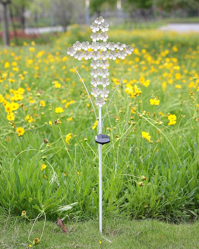 White Cross Garden Stake Solar Lights Metal Hydrangea Cross Stake Memorial Gift w/ 28 LEDs Perfect Sympathy Gifts (10" W x 40" H) WSgift
