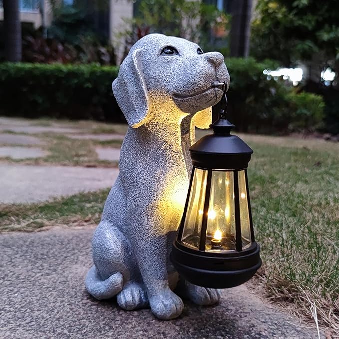 Solar Dog Outdoor Garden Statue with LED Light,Dog Solar Lights Lantern Outside Decorations for Yard, Lawn Decor Statue for Patio, Balcony, Yard Ornament,Unique Dog Gifts for Mom Qobumy