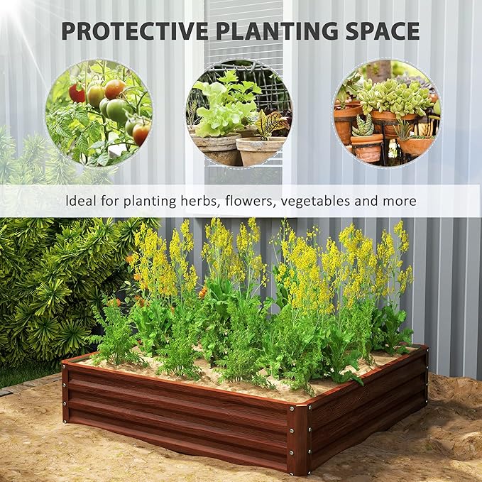 Outsunny Galvanized Raised Garden Bed, 4' x 4' x 1' Metal Planter Box, for Growing Vegetables, Flowers, Herbs, Succulents, Natural Wood Outsunny