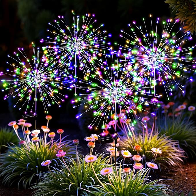Solar Lights Outdoor, 120LED 4pack Fairy Garden Lights Decor for Outside Fireworks Lights Solar Powered for Yard, Patio, Pathway, Walkway, Balcony,Multicolor Suncket