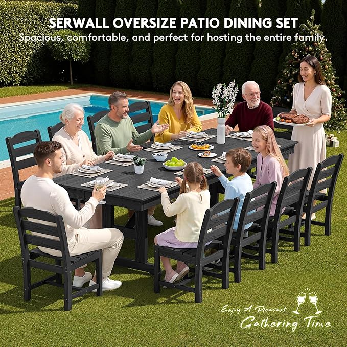 SERWALL 11 Piece Outdoor Dining Set, 84" HDPE Outdoor Table and Chairs for 10，All Weather Patio Furniture Set with Umbrella Hole for Backyard, Garden, Black SERWALL