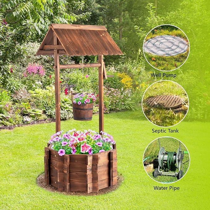 VINGLI Wooden Wishing Well Outdoor Planters, Well Covers for Yard with 2 Reinforced Rods, Height Adjustable Hanging Bucket, Rustic Flower Pot Home Decor for Outside Patio Garden VINGLI