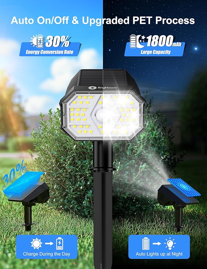 Brightown 4 Pack Solar Motion Lights Outdoor Waterproof, Motion Sensor Spot Lights- 58 LED/3 Modes Solar Powered Spotlights 2-in-1 Auto On/Off for Outside Yard Wall Garden, Cool White Brightown