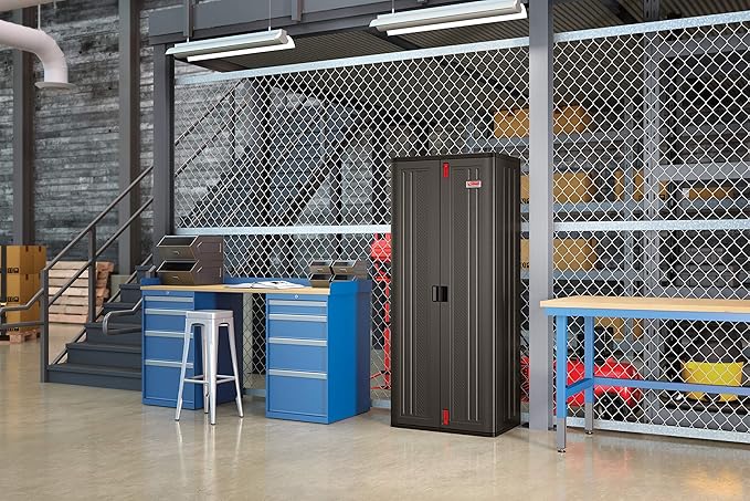 Suncast 19 Cubic Ft. Heavy-Duty Resin Cabinet with Lockable Handles, Multi-Wall Construction, and Metal-Reinforced Shelves for Basement, Utility Room and Garage Storage, Black, Made in the USA SuncastCommercialProducts