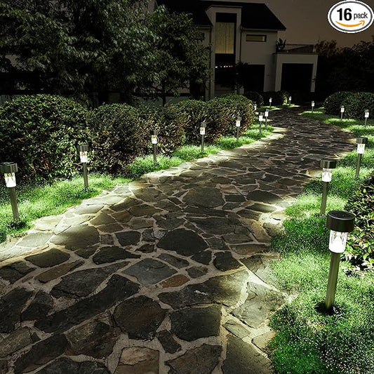 SOLPEX 16 Pack Solar Outdoor Lights Pathway, Stainless Steel Solar Lights Outdoor Waterproof,LED Landscape Lighting Walkway for Landscape/Patio/Lawn/Yard/Driveway-Cold White Solpex