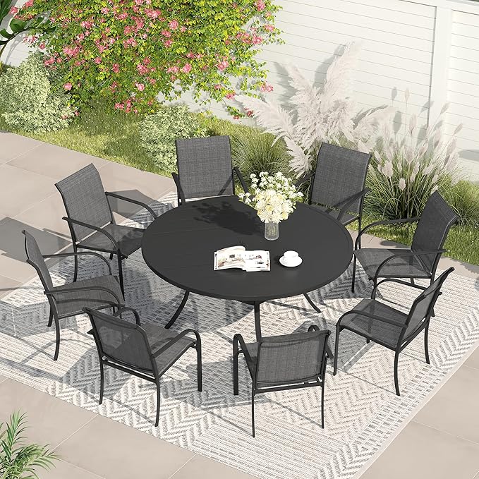 VICLLAX Patio Dining Set for 8, Outdoor Furniture Set Includes 53" Round Patio Table and 8 Patio Sling Chairs, Black Tabletop and Grey Fabric HOME