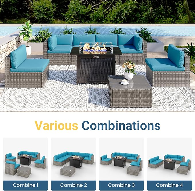 8 Pieces Outdoor Patio Furniture Set with 43" Fire Pit Table, Wicker Outdoor Patio Sectional Sofas with Coffee Table and Cushions, All-Weather Patio Conversation Set for Garden Backyard, Light Blue MayinColor