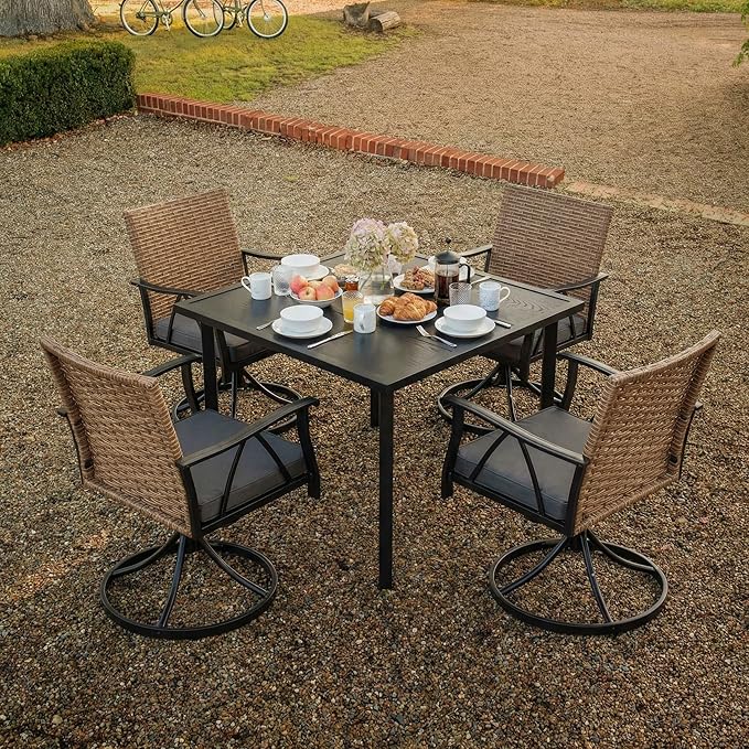 5-Piece Patio Dining Set for 4，Outdoor Dining Set with Wicker Swivel Patio Dining Chairs with Cushions & 1 Black Square Woodgrain Dining Table with 1.75”Market Umbrella Hole, Black & Brown Andehomy