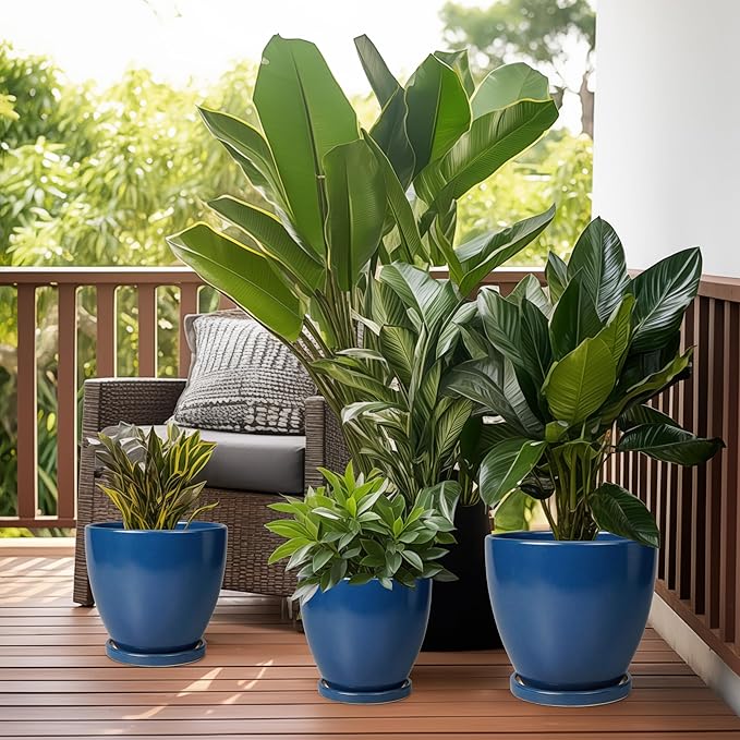 6.8 Inch Plant Pot - Ceramic Planter with Drainage Hole and Saucer, Modern Round Flower Pot, Planters for Indoor Plants, Home Garden Decor, Blue EPFamily