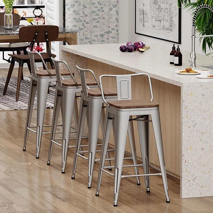 Yongchuang 30 inch Bar Stools Set of 4 Bar Height Metal Barstools with Wood Seat Low Back Kitchen Bar Chairs Silver YongchuangInternational