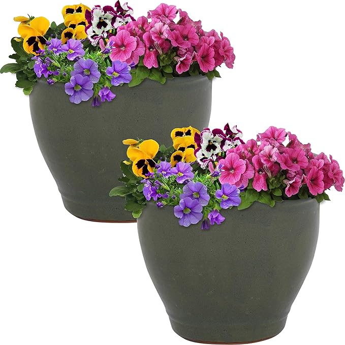 Sunnydaze Round Ceramic Planter - Set of 2 Indoor or Outdoor Plant Pots with Drainage Hole - Studio - 9" - Gray Glaze SunnydazeDecor