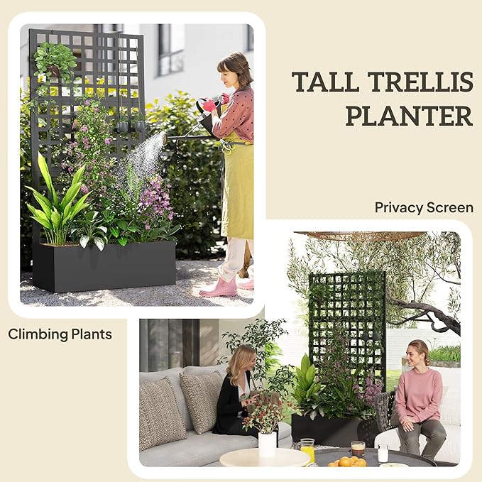 Outsunny Galvanized Raised Garden Bed with Trellis, Metal Planter Box with Drainage Holes, Outdoor Privacy Screen for Climbing Plants, Vegetable, Vines, 35" x 16" x 70", 2 Pack, Black Outsunny