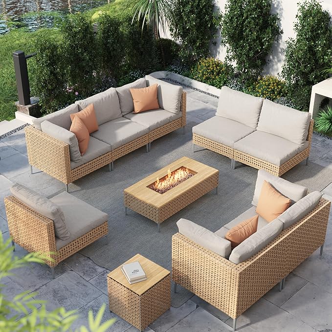 Grand patio 10-Piece Patio Furniture Set with 47" Fire Pit Table, Outdoor Conversation Set & 50,000 BTU 47 Inch Rectangle Propane Fire Pit & Storage Box with Water Resistant Thick Cushions, Cream GrandPatio
