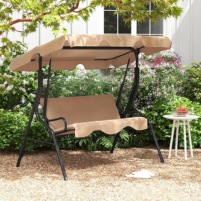 Tangkula 3 Person Porch Swing, Patio Swing with Removable Cushion & Powder-Coated Steel Frame, Outdoor Swing with Canopy for Porch, Backyard, Garden, Balcony (Beige) TANGKULA
