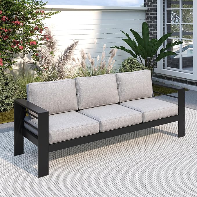 Solaste Aluminum Outdoor Couch, 3-Seat Metal Outdoor Sofa with Water-Resistant Cushion, Weather-Resistant Modern Patio Sofa, Black Frame Grey Cushion Solaste