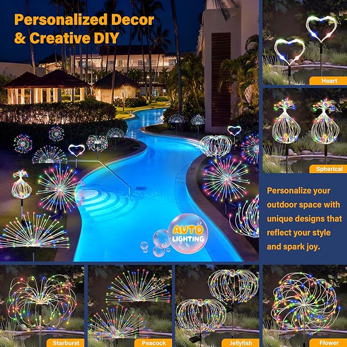Solar Garden Lights Outdoor Decorative, 4pack 120 LED Firework Lights Waterproof，Solar Fairy Lights for Outside,Garden,Yard, Patio,Pathway,Flowerbed,Party(Multicolor) Rootora