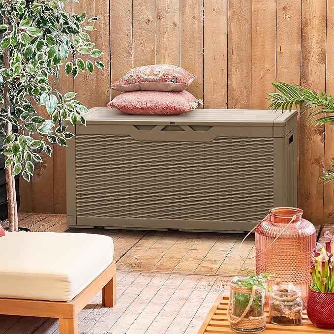 Greesum 100 Gallon Resin Patio Storage Box for Garden Tools, Outdoor Furniture Cushions, Pool Supplies, Coffee