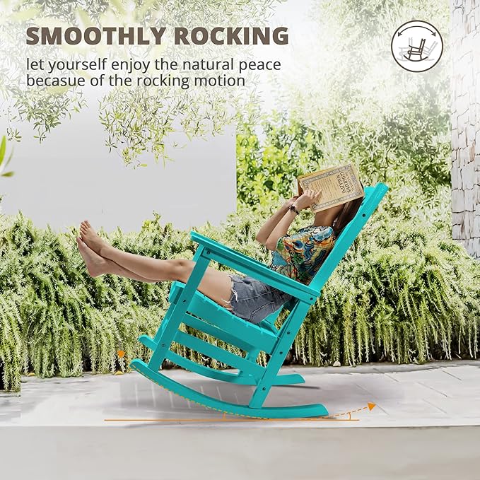 LUE BONA Outdoor Rocking Chairs Set of 4, HDPS Porch Rocker with High Back, Plastic Weather Resistant Rocking Chairs for Outdoor Indoor, Garden, Backyard, 350lb, Aruba Blue LUEBONA