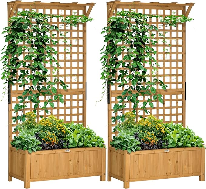 Outsunny Wood Planter with Trellis, Raised Garden Bed for Climbing Plants with Drainage Holes and Roof, 35.5 x 17.75 x 72 Inch, Pack of 2, Yellow Outsunny