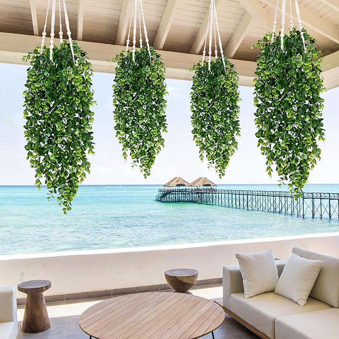 Waipfaru 4Pcs Fake Hanging Plants 2.7ft Fake Plants Eucalyptus Leaves UV Resistant Fake Vines Ivy Artificial Plants Outdoor Faux Plants Indoor Bedroom Living Room Boho Wall Porch Shelf Decor Waipfaru