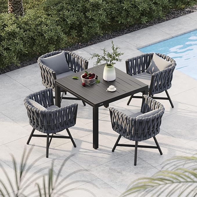 Grand patio 5-Piece Outdoor Dining Set for 4, Patio Dining Furniture Set for 4 Swivel Rope Wicker Chairs & 1 Expandable Rectangular Dining Table, Dark Gray GrandPatio