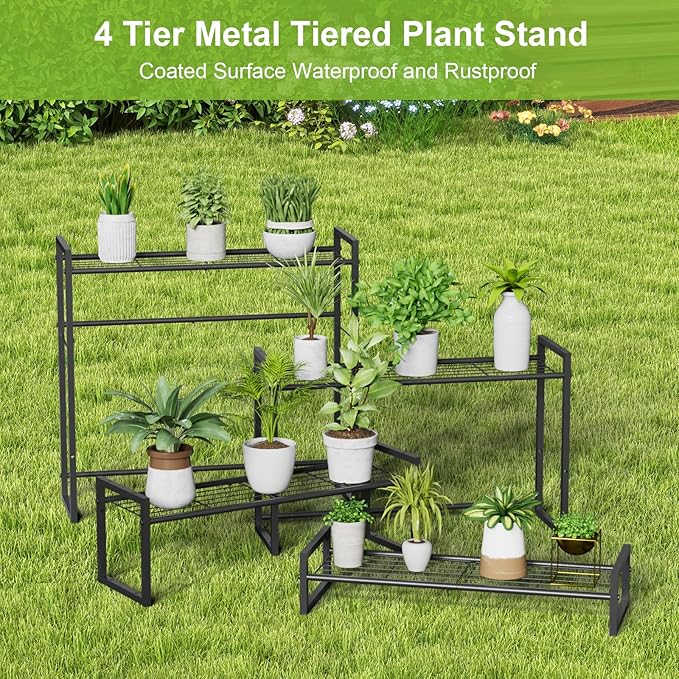 Plant Stand, 4 Tier Stackable Tiered Plant Stand, Scalable Heavy Duty Tall Plant Shelf for Indoor Outdoor, Garden, Display Shelves, Flower Pot Holder, Black VyGrow