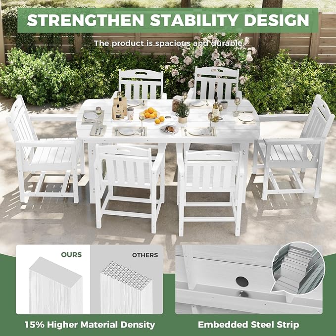 HDPE Outdoor Patio Dining Set with Table & 6 Chairs, All-Weather 7-Piece Outdoor Table and Chairs, 2" Umbrella Hole, Patio Furniture for Garden, Backyard, Deck | White Suunyn