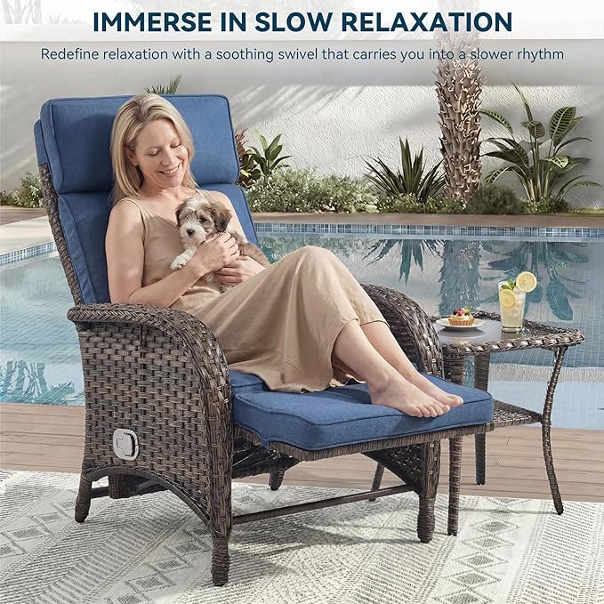 Zero Gravity Wicker Patio Recliner Chairs Set of 2 - Wicker Outdoor Lounge Chair with Adjustable Backrest & Footrest, All Weather Outdoor Reclining Chairs with Thick Cushion for Pool Deck Blue JelwalyPatioFurnitureSet