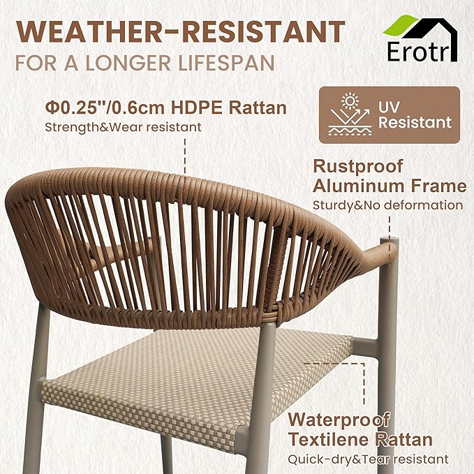 8 Pcs Stackable Patio Dining Chairs, Aluminum Rattan Outdoor Dining Chair with Arms, Woven Rope Garden Armchair Metal No Assembly for Bistro Balcony Porch Deck Yard Cafe Restaurant, Light Brown Erotr