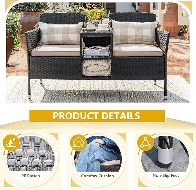 Devoko Outdoor Patio Loveseat Modern Rattan 2-Seat Patio Conversation Set with Cushions & Built-in Coffee Table Porch Furniture for Garden Lawn Backyard (Beige) DEVOKO