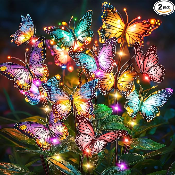Solar Lights Outdoor Garden Decor: 2 Pack 34 Silk Butterflies with 44 Color-Changing LEDs - Auto On/Off 12H Magical Lighting IP65 Waterproof for Yard Patio Pathway - Unique Gifts for Mom Grandma NFEVER