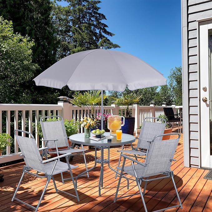 Vongrasig 6 Pieces Folding Patio Dining Set, All Weather Small Metal Outdoor Table and Chair Set, Garden Patio Furniture Set w/Umbrella, Glass Table & 4 Folding Chairs for Lawn, Backyard, Silver Vongrasig