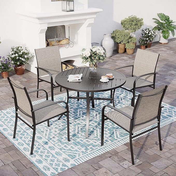 5 Piece Patio Dining Set for 4, 42" x 42" Round Metal Table with Umbrella Hole and 4 Brown Chairs, Outdoor Table and Chairs Set for Lawn Backyard and Deck SUNSHINEVALLEY