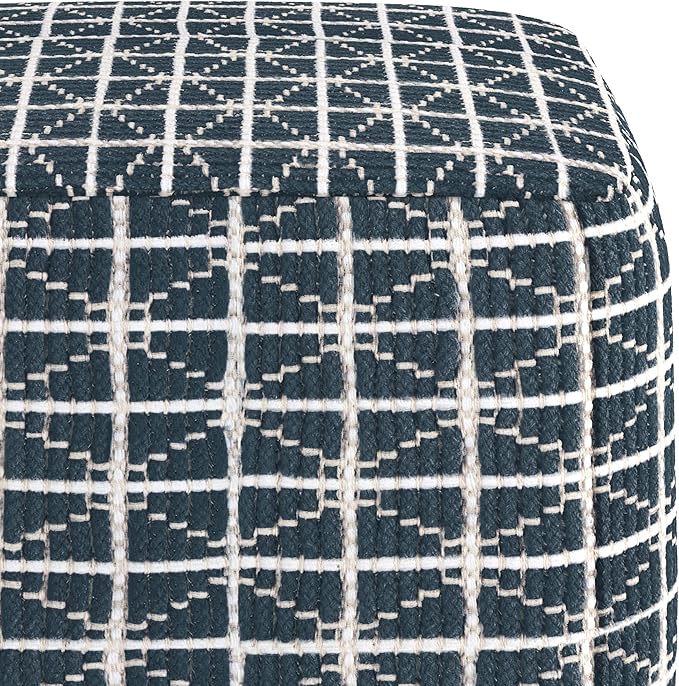 SIMPLIHOME Noreen Boho Square Pouf in Dark Blue and White Handloom Woven Pattern for the Living Room, Bedroom and Kids Room SimpliHome