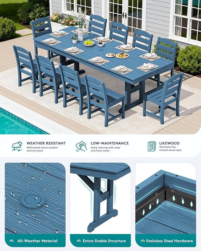 SERWALL Outdoor Dining Table, 84" Rectangular Dining Table for 6-10 Person, All Weather HDPE Outdoor Furniture for Backyard, Garden, Navy SERWALL