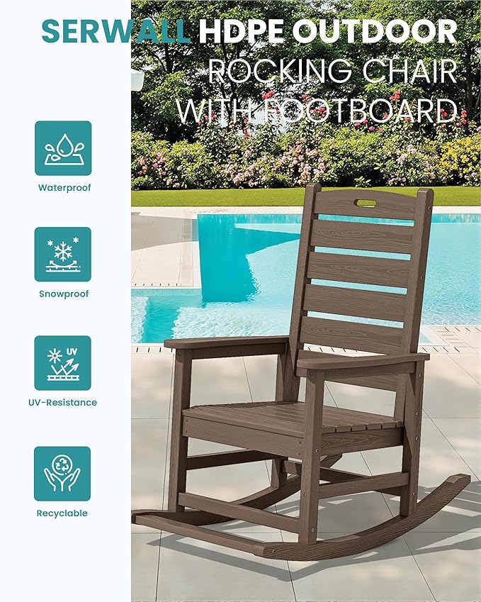 SERWALL Outdoor Rocking Chair Set of 4, Oversized HDPE Patio Rocking Chair with Footrest for Adults, All Weather Porch Rocker for Deck Patio Balcony, Coffee SERWALL