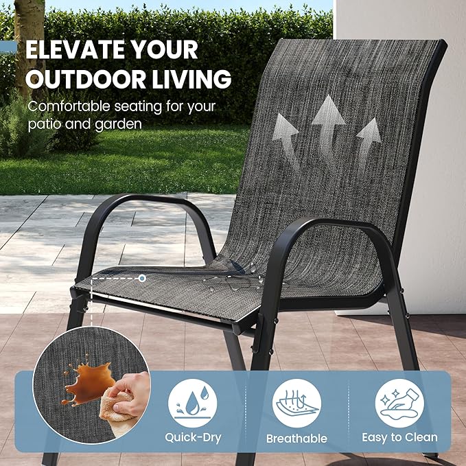 Patio Dining Chairs Set of 4, Stackable Dining Chairs High Back, Breathable Seat Fabric and Alloy Steel Frame Fit Backyard, Porch, Lawn，Poolside (Dark Grey) VonzoyHome