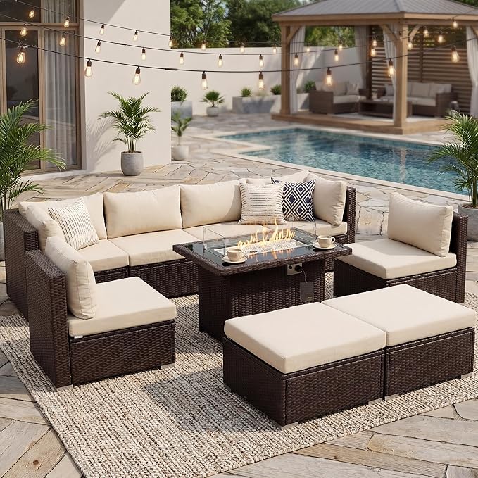NICESOUL 29.3'' High Back Outdoor Patio Sectional Furniture with Firepit Table Natural Gas & Propane Convertible, 8 Seater Deep Wide Modern Couch, Extra Large Wicker Conversations for Backyard, Brown NICESOUL
