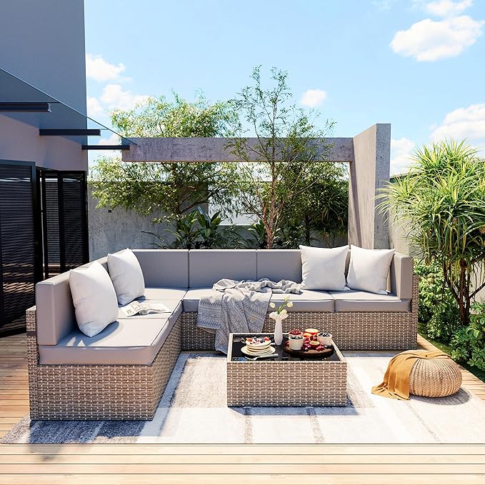 Pamapic 7-Piece Outdoor Sectional Furniture Set, All-Weather Wicker Patio Sofa with Washable Cushions, Gray Waterproof Rattan Conversation Set for Backyard, Poolside, Garden (Gray Cushions) Pamapic
