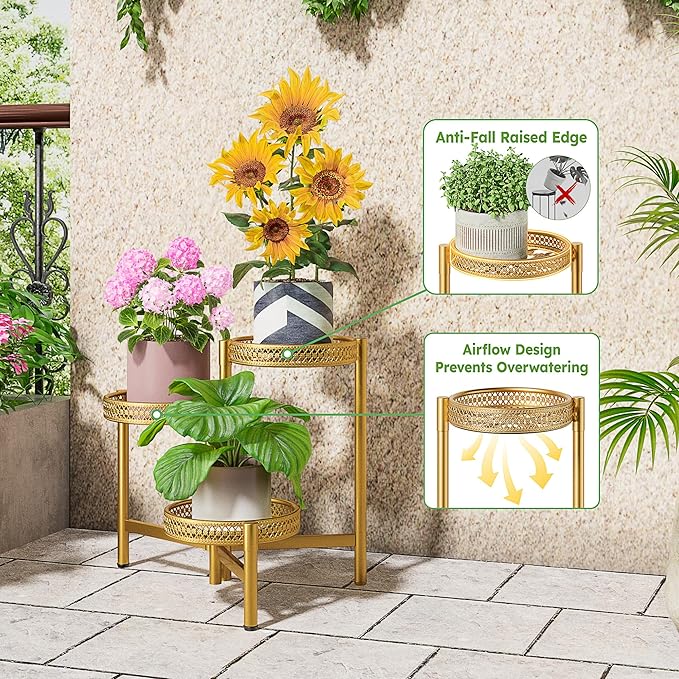 Metal Plant Stand Indoor Outdoor, 3 Tier Corner Tall Plant Shelf for Multiple Plants, Tiered Plant Stand, Heavy Duty Flower Holder, Folding Tall Rack for Garden Patio Balcony - GoldWave Rootora