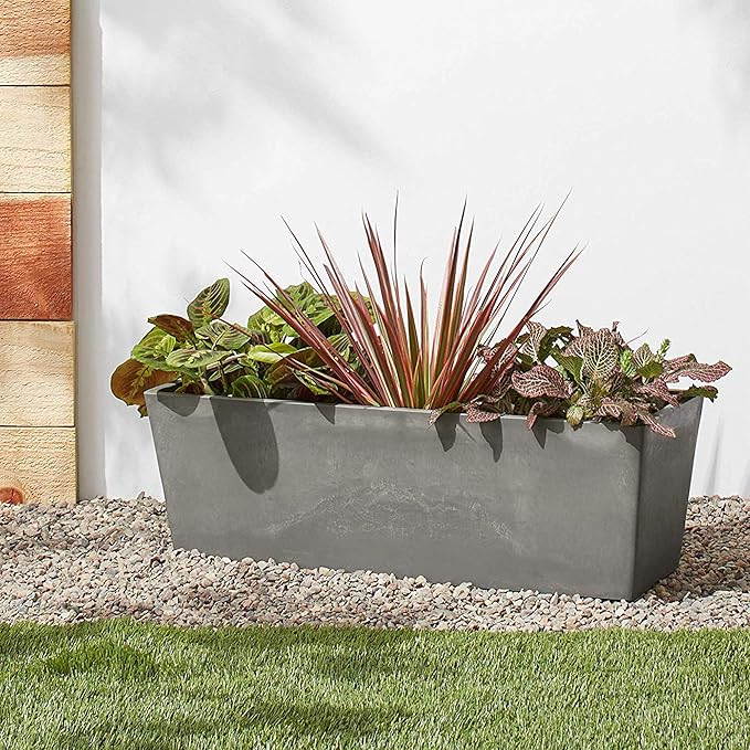 Arcadia Garden Products U65CT Plastic/Stone/Wood Composite Simplicity Window Box, No Drainage Hole (Drillable), Patio Plant Container, Indoor Outdoor Planter, 25.5" x 9, Cement Color PSW