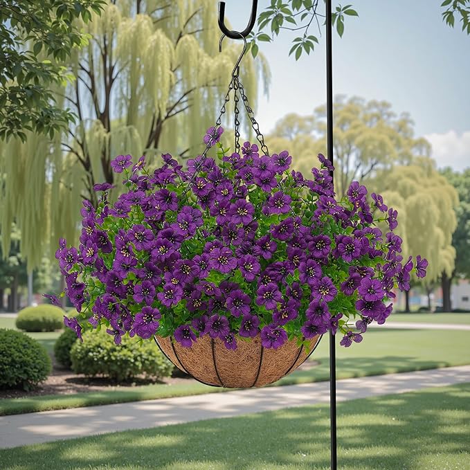 Artificial Faux Hanging Plants Flowers Basket for Outdoors Spring Summer Decoration, Hanging Planters with Fake Silk Flowers UV Resistant Realistic for Outside Porch Patio Balcony Garden Home （Purple） Tiabean