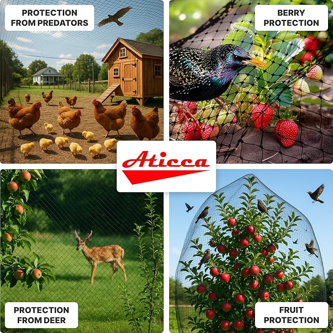 Heavy Duty Bird Netting for Garden Protection & Fruit Trees, 25x25 Ft with 10 Stakes – Black Anti-Bird Net for Poultry, Deer, & Squirrel Protection, Durable Nylon Mesh for Garden and Yard Use Aticca