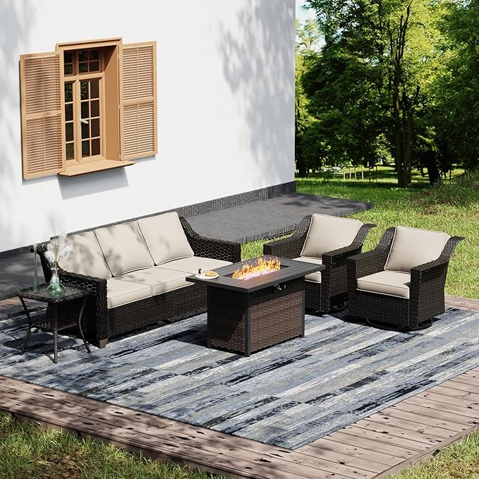 Joyside Wicker Patio Furniture Sets, 5 Pieces Upgraded Large Size Outdoor Furniture with Swivel Rocking Patio Chairs, 3-Seat Sofa, Fire Table, Coffee Table, Thick Cushions, Wide Armrest, Beige Joyside