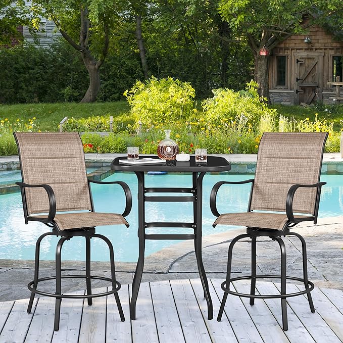 Yaheetech 2 Piece Patio Swivel Bar Stools Texteline Bistro Chairs with High Back/Armrest/Footrest, All Weather Padded Seating Outdoor Furniture Chairs for Outside, Lawn & Garden?Black/Brown Yaheetech
