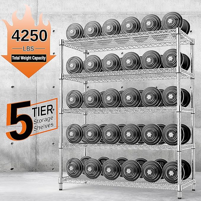 IZEUK 4250 LBS Garage Shelving Wide Storage Shelves 5 Tier Metal Shelves Heavy Duty Adjustable Utility Shelf Rack Chrome 17.7" D x 47.2" W x 70.4" H IZEUK