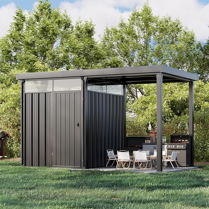 Patiowell 2-in-1 Outdoor Storage Shed, 7' x7' Galvanized Steel Metal Shed with 7' x 7' Porch Pergola Gazebo Outdoor Studio Open-Sided Firewood Shed for Backyard Patio Garden Lawn Patiowell