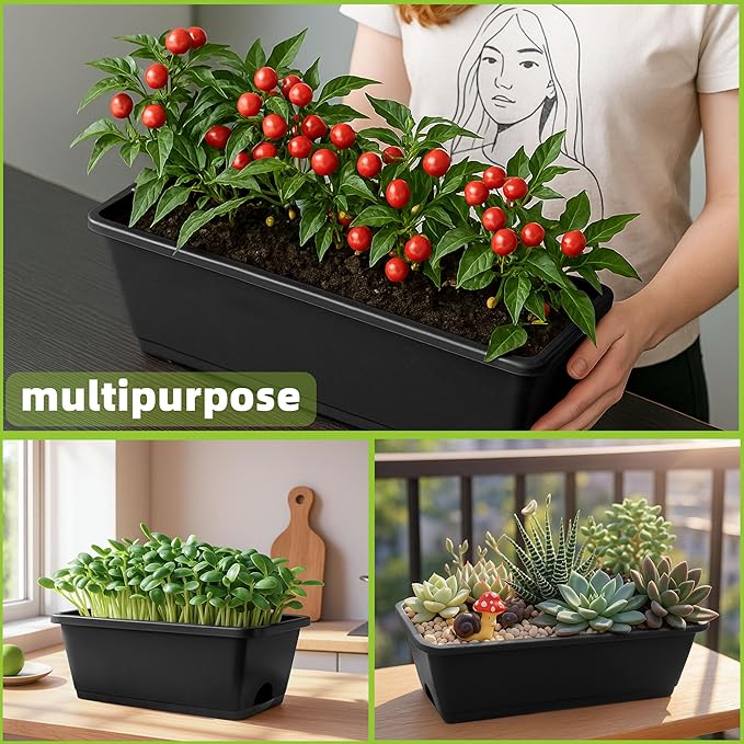 Window Box Planter, 12 Pack Plastic Vegetable Flower Planters Boxes 17 Inches Rectangular Flower Pots with Saucers for Indoor Outdoor Garden, Patio, Home Decor (Brick RED) (Dark Grey) LOCONHA