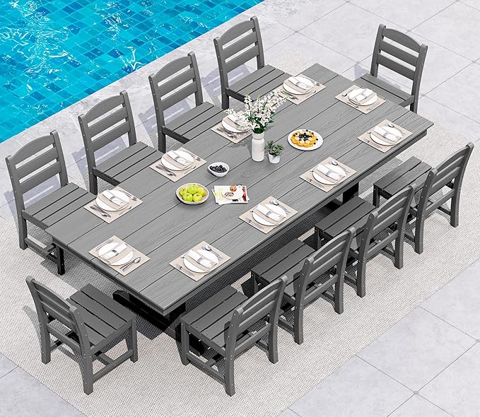 SERWALL 11 Piece Outdoor Dining Set, 84" HDPE Outdoor Table and Chairs for 10，All Weather Patio Furniture Set with Umbrella Hole for Backyard, Garden, Gray SERWALL