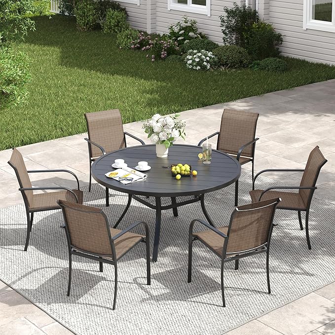 VICLLAX Patio Dining Set for 6, All Weather Metal Outdoor Furniture Set Includes 47" Round Patio Table and 6 Patio Stacking Chairs, Black Tabletop and Brown Fabric HOME